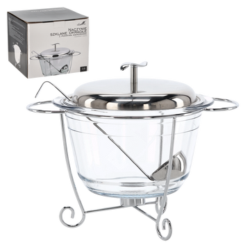 GLASS CONTAINER 3.9 L ROUND WITH STAINLESS STEEL LID AND WARMER + LADLE