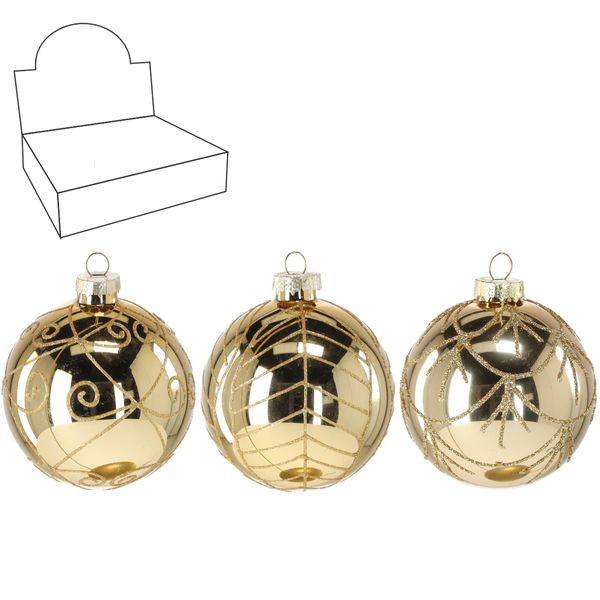 GLASS ORNAMENT - GOLD DECORATED MIXED PATTERNS 8 CM