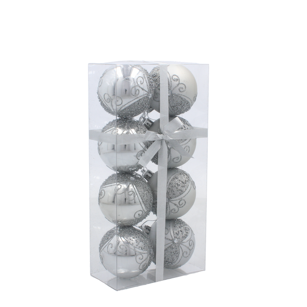 SET OF 8 CHRISTMAS BAUBLES SILVER 6 CM