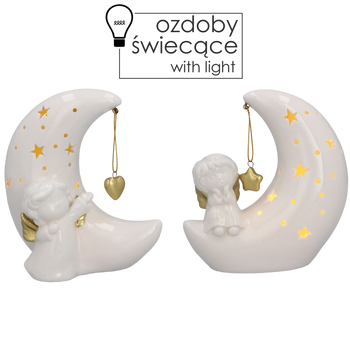 VÁNOČNÍ OZDOBY - MĚSÍC S LED ANDÍLKEM, BÍLÁ KERAMIKA, 14x6,5x15/14x8x15,5 CM *1303