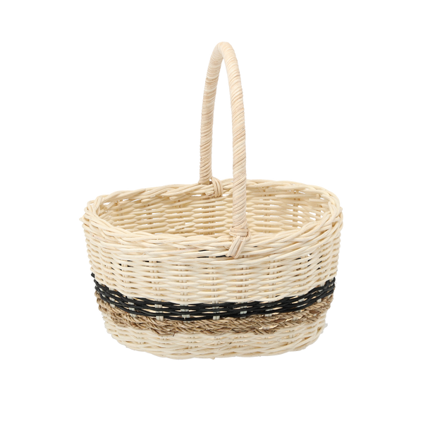 KOSZYK RATTANOWY 22 x 17 x 11/21 CM Z UCHWYTEM - BIAŁY Z CZARNYM I NATURALNYM *7374