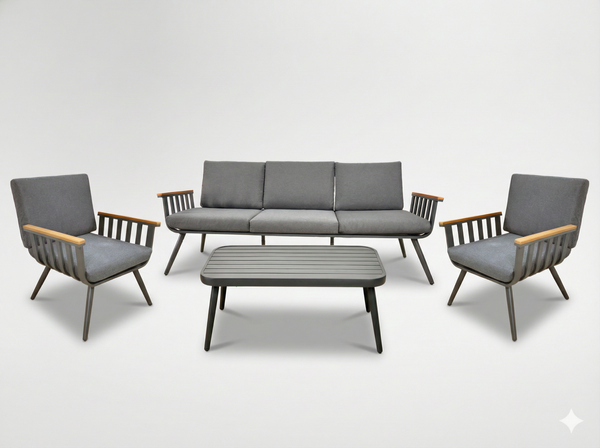 SADA HLINÍKOVÝCH NÁBYTKŮ (3 OS. ROVNÁ SOFA + 2 KŘESLA + STOLEK) ŠEDÁ + ŠEDÉ POLŠTÁŘE *9415