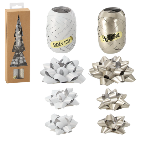 SET DE ÎMPACHETARE CADOURI DE CRĂCIUN - ARGINTIU / ALB (2 RIBBONURI + 7 FUNDIȚE) *7595