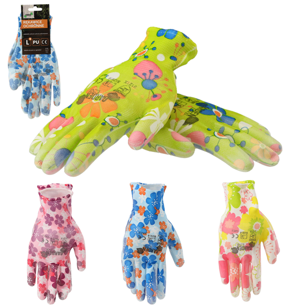 MĂNUȘI DE PROTECȚIE "9" TRICOTATE CU MODEL FLORAL DIN POLIESTER ACOPERITE CU POLIURETAN ambalaj=12 buc *6959