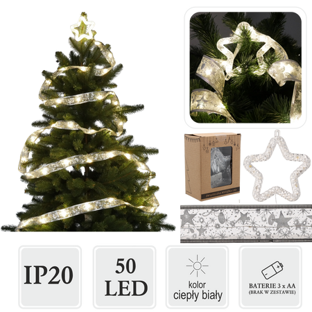 CHRISTMAS RIBBON LED WITH STAR SILVER WARM WHITE