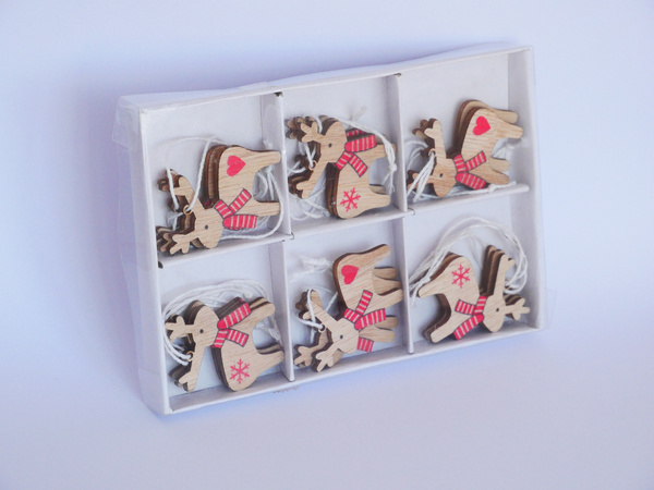 SET OF 18 WOODEN CHRISTMAS DECORATIONS ASSORTED 2 DESIGNS REINDEERS