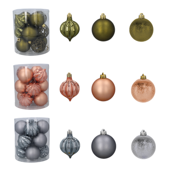 SET OF 12 BAUBLES 6 CM OLIVE/COPPER/GRAPHITE TUBE