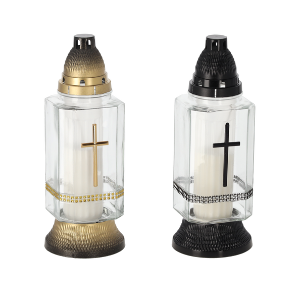 CANDLE 30CM/40H SQUARE SEQUINS CROSS BLACK/GOLD PACK=7PCS*6756