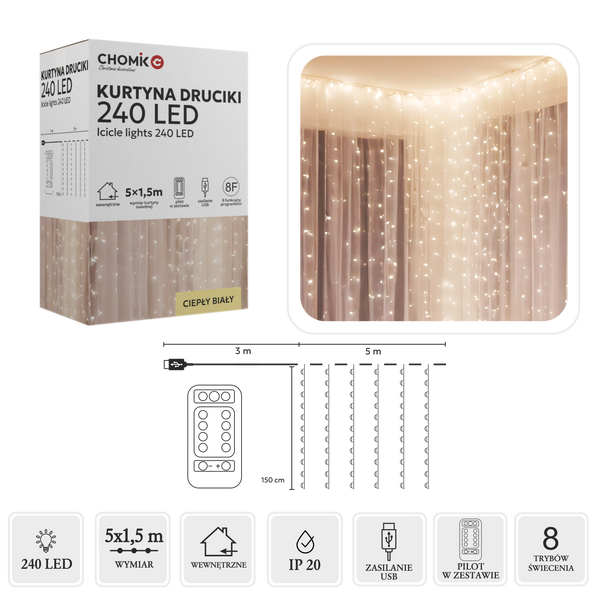 KURTYNA ŚWIETLNA DRUCIKI 240L CIEPŁY BIAŁY, 5 x 1,5 M, USB, Z PILOTEM *8462