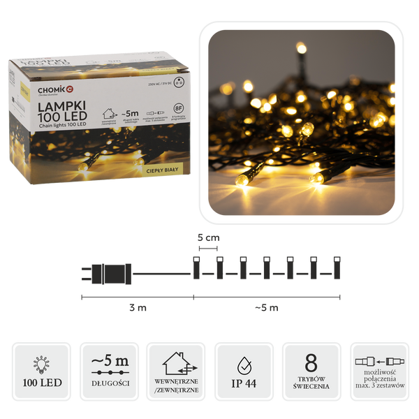 LED ŽIAROVKY 100L TEPLÁ BIELA DĹ. 3 + 5 M VNÚTR/OVON *9416