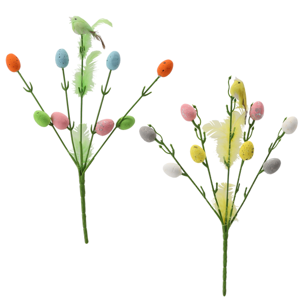 OZDOBA WIELKANOCNA NA PIKU - GAŁĄZKA Z PTASZKIEM I JAJKAMI 30 CM MIX 2 KOLORÓW *9595