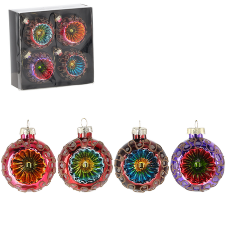 SET OF 4 GLASS BAUBLES 6 CM RETRO MIX COLOR