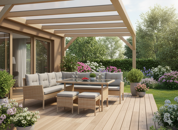 ZESTAW MEBLI RATTANOWYCH "BERNO" (SOFA NAROŻNA + 2 PUFY + STÓŁ) BEŻOWY + SZARE PODUSZKI