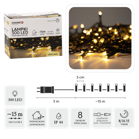 LAMPKI LED 300L CIEPŁY BIAŁY DŁ. 3 + 15 M WEWN/ZEWN *9508