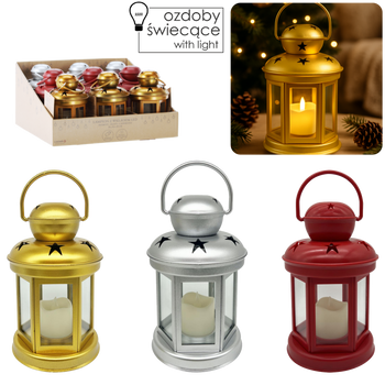 LAMPION Z WKŁADEM LED 10 x 10 x 19 CM - SREBRNY / ZŁOTY / CZERWONY disp=9szt *9379