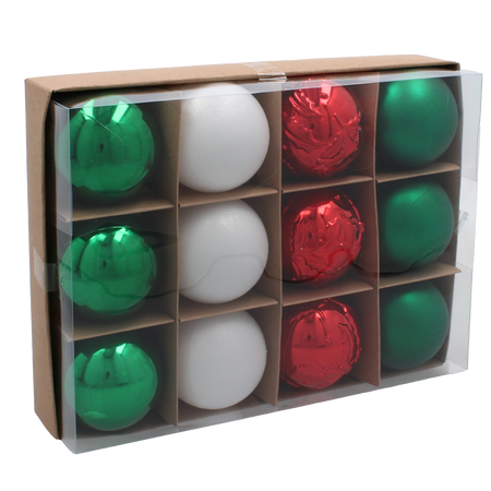 SET OF 12 BAUBLES 6 CM RED/GREEN/WHITE 