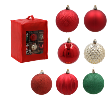 SET OF 36 CHRISTMAS BAUBLES RED, GOLD, SILVER 8 CM IN RED BAG