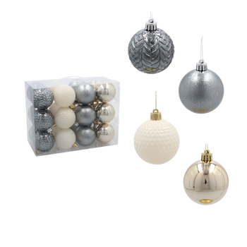 SET OF 24 ORNAMENTS 6 CM CHAMPAGNE/GRAY/WHITE