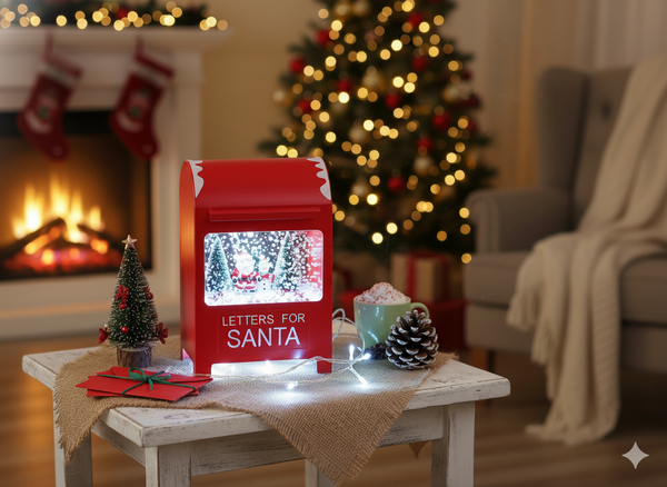 CUTIE DE SCRISORI DECORATIVĂ 15 x 12 x 23 CM CU LED - ROȘIE - CU ZĂPADAȘ ȘI MOȘ CRĂCIUN *3498