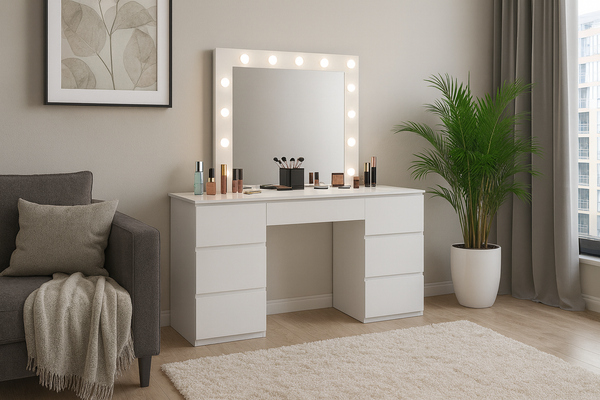 TOALETĂ COSMETICĂ ALBĂ CU OGLINDĂ LED ȘI 7 SERTARE *2305