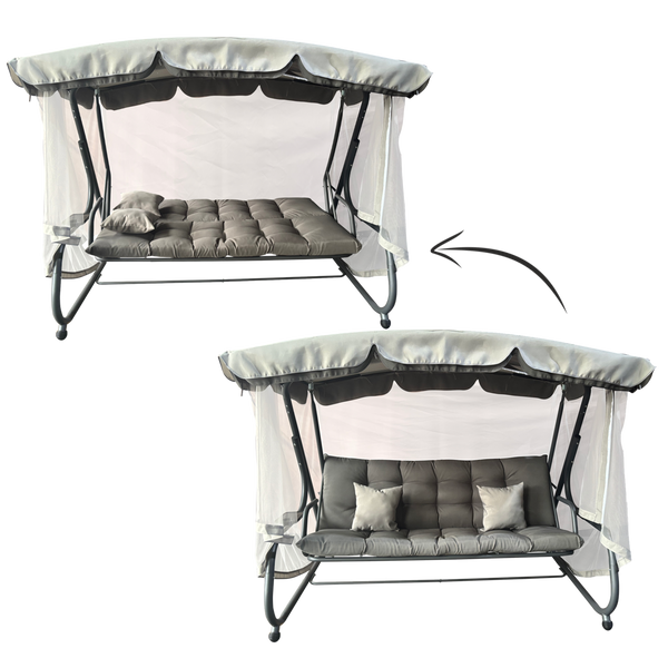 HUŚTAWKA OGRODOWA Z MOSKITIERĄ 220 x 130 x 175 CM SZARA Z FUNKCJĄ LEŻANKI *0954