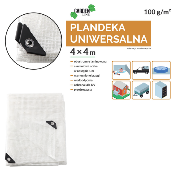 PLANDEKA 4 X 4 M (+/- 5%) 100GSM 3% UV PRZEŹROCZYSTA *7664