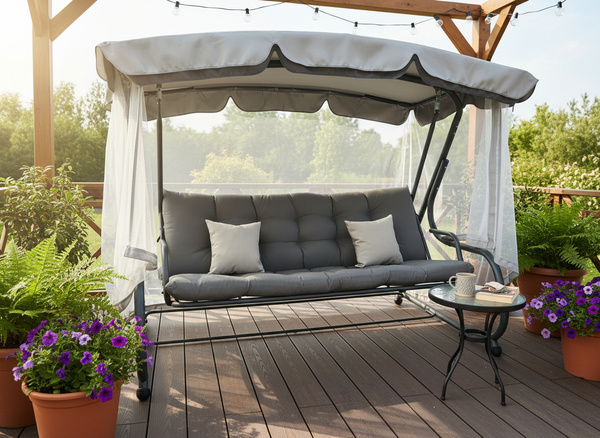 HUŚTAWKA OGRODOWA Z MOSKITIERĄ 220 x 130 x 175 CM SZARA Z FUNKCJĄ LEŻANKI 