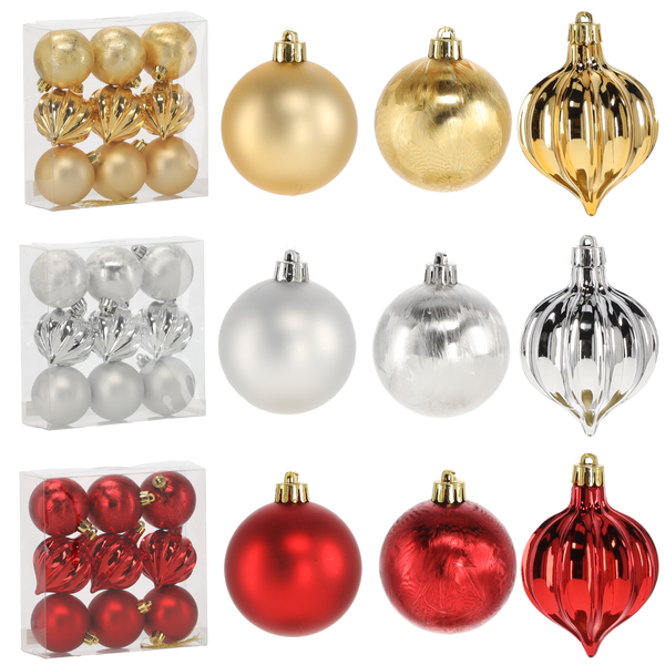 SET OF 9 BAUBLES 6 CM RED/GOLD/SILVER