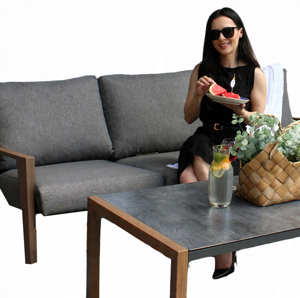 ZESTAW MEBLI ALUMINIOWYCH "ASTANA" (3 OS. SOFA + 2 FOTELE + STOLIK) SZARY + SZARE PODUSZKI