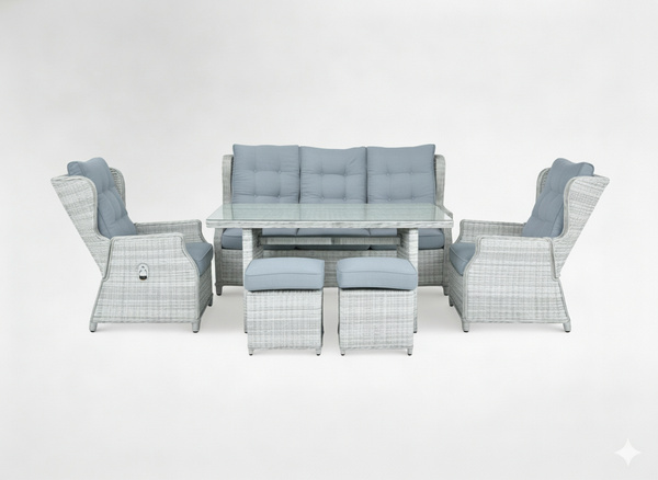 ZESTAW MEBLI OGRODOWYCH ALUMINIOWYCH RATTANOWYCH (SOFA + STÓŁ + 2 FOTELE + 2 PUFY) SZARY + SZARE PODUSZKI