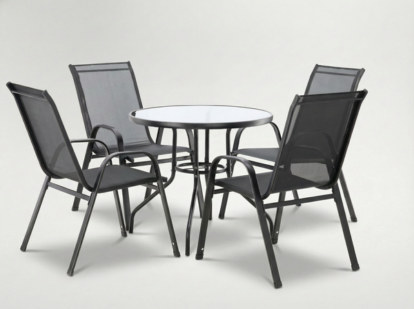 ZESTAW MEBLI OGRODOWYCH - 4 KRZESŁA + OKRĄGŁY STOLIK - CZARNY