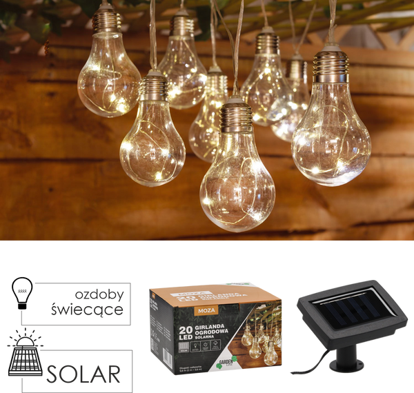GIRLANDA SOLARNA OGRODOWA DŁ. 2 + 3,8 M MOZA 20 LED CIEPŁY BIAŁY *3545