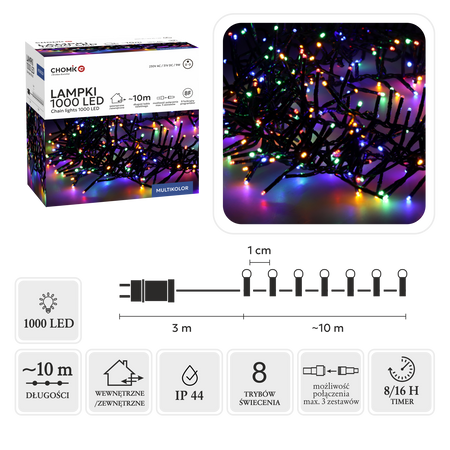 LAMPKI LED CLUSTER 1000L MULTIKOLOR, DŁ. 3 + 10 M WEWN/ZEWN *8226