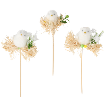 EASTER PICK DECORATION - CHICK ON STRAW 5 x 23 CM MIX 3 DESIGNS pack=12pcs