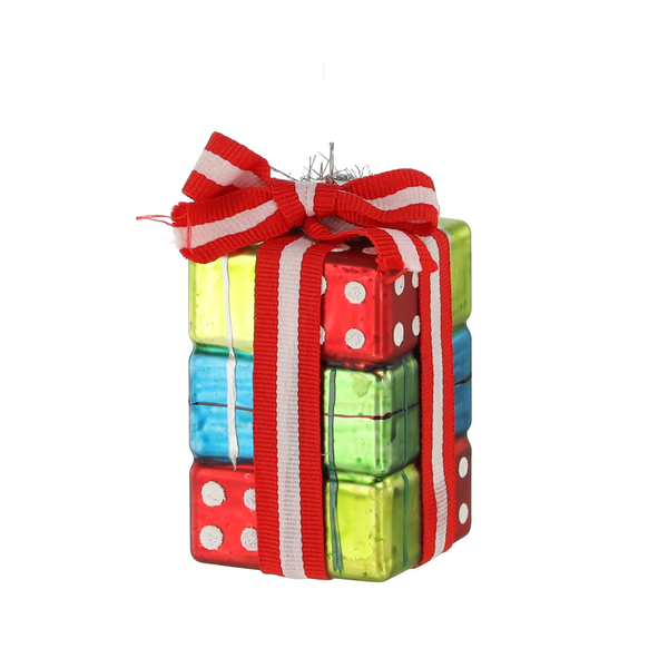 GLASS ORNAMENT - PRESENT GREEN-RED-BLUE-WHITE 4.8 X 4.8 X 8.3 CM