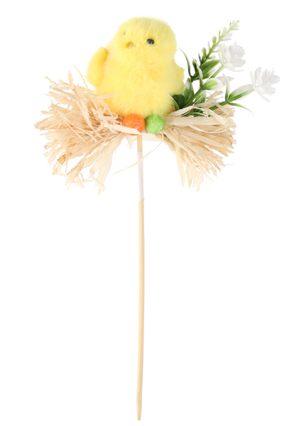 EASTER PICK DECORATION - CHICK ON STRAW 5 x 23 CM MIX 3 DESIGNS pack=12pcs