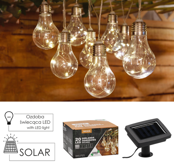 SOLÁRNÍ ZÁHRADNÍ ŘETĚZ DÉLKA 2 + 3,8 M MOZA 20 LED TEPLÁ BÍLÁ *3545