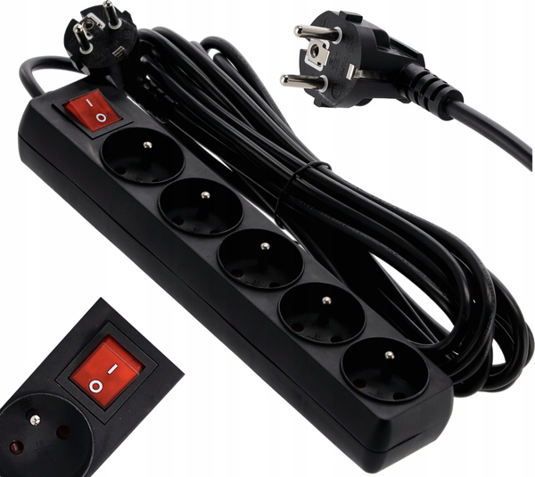 EXTENSION CORD POWER STRIP WITH SWITCH 5 SOCKETS 3 M BLACK