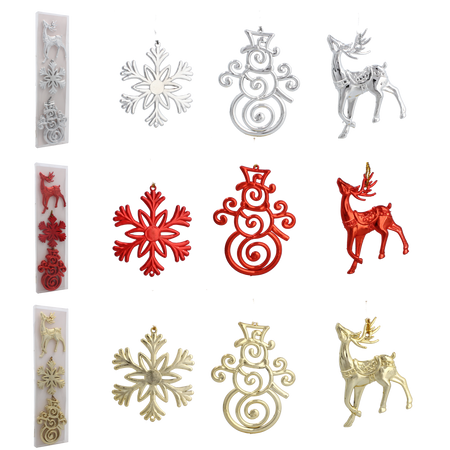 SET OF 3 CHRISTMAS TREE DECORATIONS ELK / SNOWFLAKE / SNOWMAN MIX