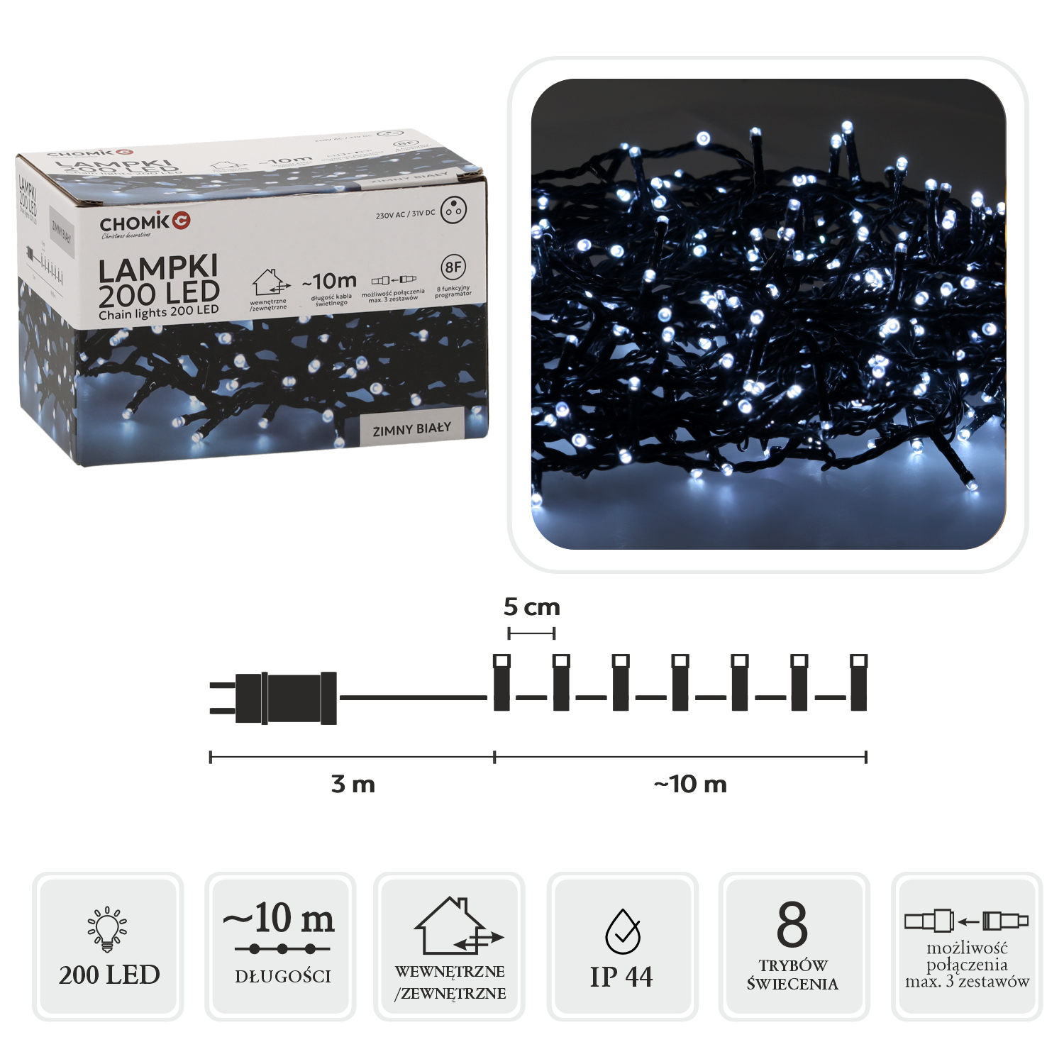 LAMPKI LED 200L ZIMNY BIAŁY DŁ. 3 + 10 M WEWN/ZEWN *9454