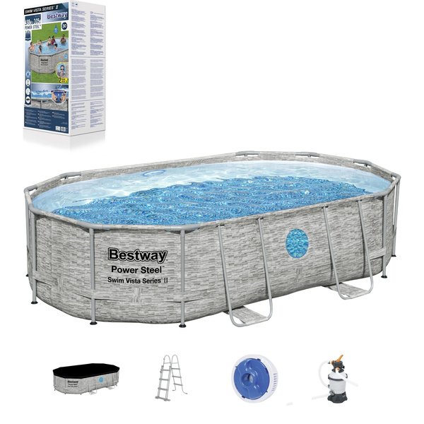 PISCINĂ OVALĂ CU CADRU DIN RATTAN 4,88 x 3,05 x 1,07 M (PISCINĂ, FILTRU CU SAND, SCARĂ, CAPAC, DOZATOR) 