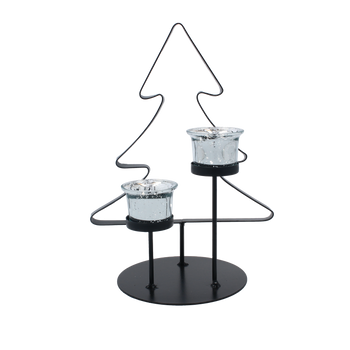 ČIERNY METALOVÝ SVIETNIK NA TEALIGHT - STROMČEK S DVOMA SKLENENÝMI NÁPLŇAMI 30 CM *8778
