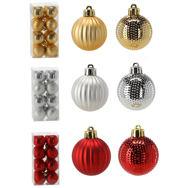 SET OF 16 BAUBLES 4 CM RED/GOLD/SILVER