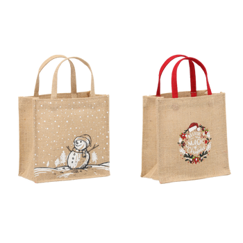 CHRISTMAS JUTE BAG 20 x 20 x 10 CM MIX DESIGNS - NATURAL