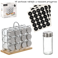 PRZYPRAWNIK PROSTOKĄTNY 22 x 10 x 21,5 CM Z RĄCZKĄ 12 SŁOICZKÓW BAMBUSOWO-SREBRNY *9202