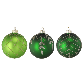 GLASS ORNAMENT - GREEN 8 CM GOLD DECORATIONS MIXED PATTERNS