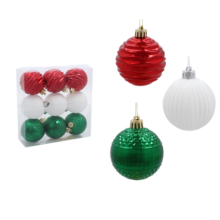 SET OF 9 BAUBLES 6 CM RED/GREEN/WHITE
