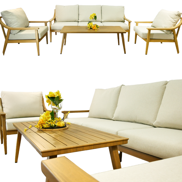ALUMINUM FURNITURE "NIKOZJA" SET (3-SEATER SOFA + 2 ARMCHAIRS + TABLE) BEIGE + BEIGE CUSHIONS