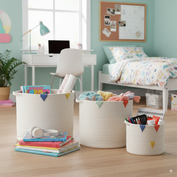 ZESTAW 3 OKRĄGŁYCH KOSZY NA PRANIE/ZABAWKI BIAŁY Z KOLOROWYM WZOREM