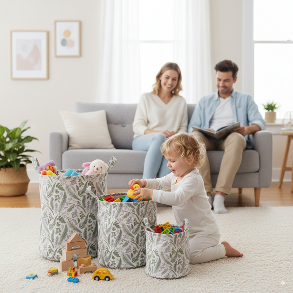 ZESTAW 3 OKRĄGŁYCH KOSZY NA PRANIE/ZABAWKI LIŚCIE